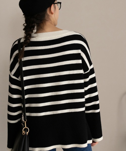 Edit Sheen(エディットシーン)の「サイドスリットボーダーニット(ニット/セーター・レディース・ブラック/アイボリー・MEDIUM)」の13枚目の写真