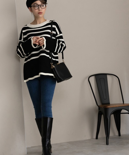 Edit Sheen(エディットシーン)の「サイドスリットボーダーニット(ニット/セーター・レディース・ブラック/アイボリー・MEDIUM)」の16枚目の写真