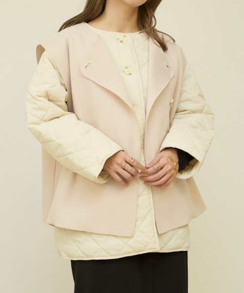 VANNIE U（ヴァニーユー）の「ベスト付き中綿キルティングコート/キルティングコート＆ベスト2点セット（ブルゾン・レディース・アイボリー/ライトグリーン・FREE）」の4枚目の写真