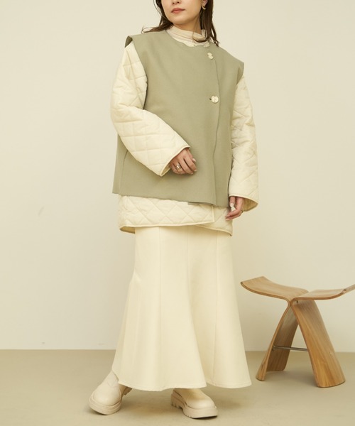 VANNIE U（ヴァニーユー）の「ベスト付き中綿キルティングコート/キルティングコート＆ベスト2点セット（ブルゾン・レディース・アイボリー/ライトグリーン・FREE）」の20枚目の写真