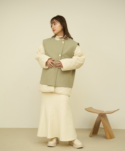 VANNIE U（ヴァニーユー）の「ベスト付き中綿キルティングコート/キルティングコート＆ベスト2点セット（ブルゾン・レディース・アイボリー/ライトグリーン・FREE）」の21枚目の写真