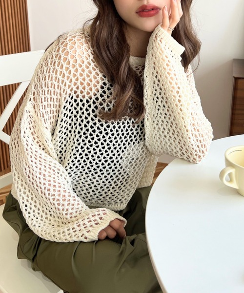 美品　試着のみ　エディットフォールル オフショル カシミヤニットプルオーバー セール】【累計販売枚数4万枚突破！】ゆるメッシュ透かし編み