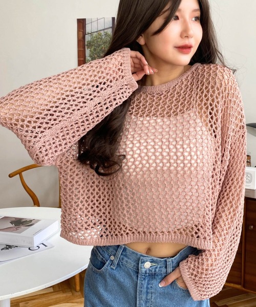 セール】【累計販売枚数4万枚突破！】ゆるメッシュ透かし編みクルー  