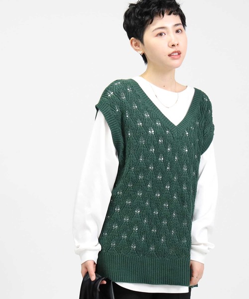 HONEYSUCKLE ROSE（ハニーサックルローズ）の「【HONEYSUCKLE ROSE】透かし編みベスト（ベスト・レディース・ネイビー/グリーン/ライトベージュ・M/L）」の3枚目の写真