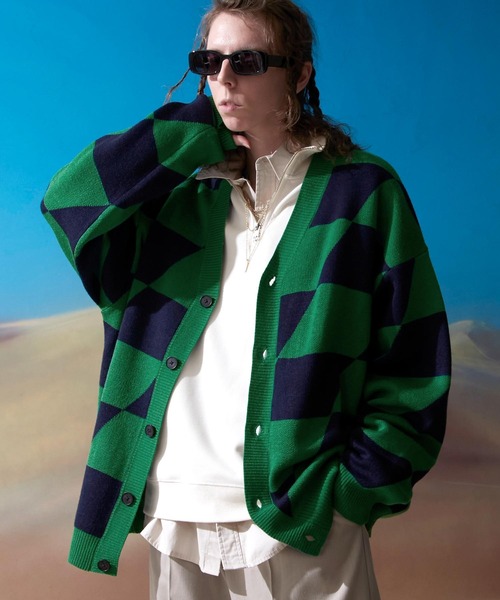 ENDER PRODUCTS(エンダープロダクツ)の「ビッグシルエット イレギュラーチェッカーフラッグ Vネックニットカーディガン 【ENDER PRODUCTS/エンダープロダクツ】(カーディガン/ボレロ・メンズ・ブラック系その他/グリーン系その他/ブルー系その他・M/L)」の8枚目の写真