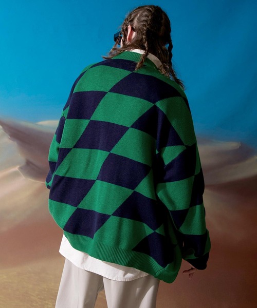 ENDER PRODUCTS(エンダープロダクツ)の「ビッグシルエット イレギュラーチェッカーフラッグ Vネックニットカーディガン 【ENDER PRODUCTS/エンダープロダクツ】(カーディガン/ボレロ・メンズ・ブラック系その他/グリーン系その他/ブルー系その他・M/L)」の17枚目の写真