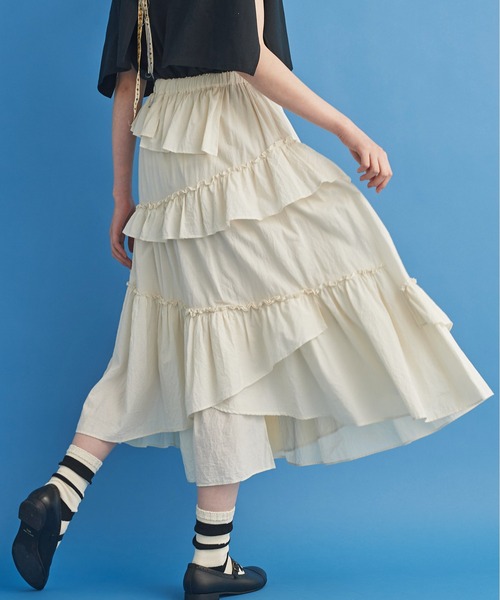 Malle(マル)の「malle コットンシルクローンEDODAKI フリルスカート(スカート・レディース・クリーム/スミクロ・FREE)」の2枚目の写真