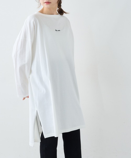 PUAL CE CIN（ピュアルセシン）の「【Du noir】ロゴ刺繍チュニック（Tシャツ/カットソー・レディース・ホワイト/ブラック/ホワイト×ブラック・FREE）」の5枚目の写真