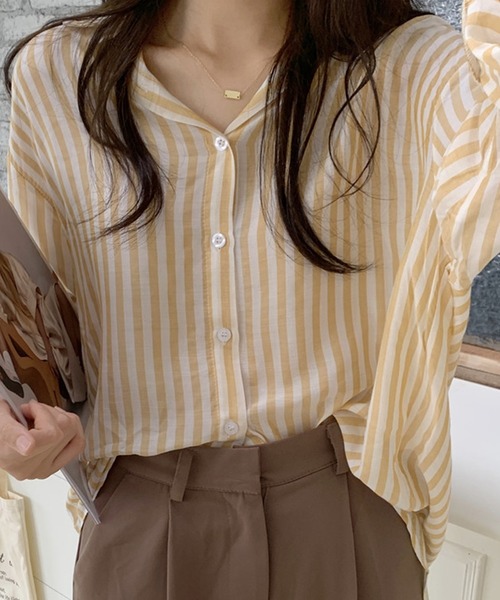 DAY CLOSET(デイ クローゼット)の「レディース スリット入りストライプ柄センターボックスシャツ(シャツ/ブラウス・レディース・イエロー/ブルー・ONE SIZE)」の11枚目の写真