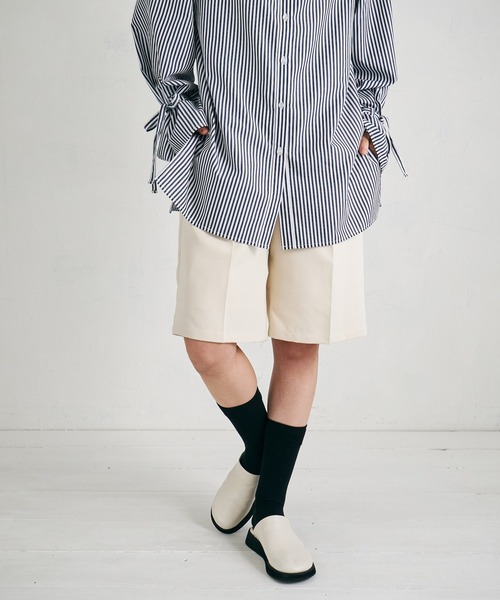 4youstory（フォーユーストーリー）の「【4youstory】エステルツイルハーフパンツ（スラックス・レディース・ブラック/オフホワイト/グレイッシュベージュ・FREE）」の5枚目の写真