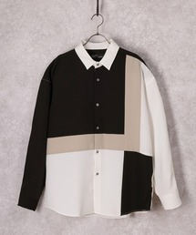 ナチュラルストレッチブロッキング切替ドレープシャツ/とろみシャツ/オーバーサイズシャツ