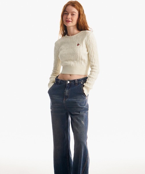 KIRSH(キルシー)の「KIRSH SMALL CHERRY CABLE CROP KNIT/キルシースモールチェリーケーブルクロップニット(ニット/セーター・レディース・アイボリー/パープル/ネイビー/ライトグリーン/ピンク・ONE SIZE)」の9枚目の写真