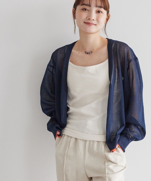 AMERICAN HOLIC（アメリカンホリック）の「Vネック配色シアーカーディガン（カーディガン/ボレロ・レディース・ブラック/グリーン/ネイビー・L/M）」の3枚目の写真