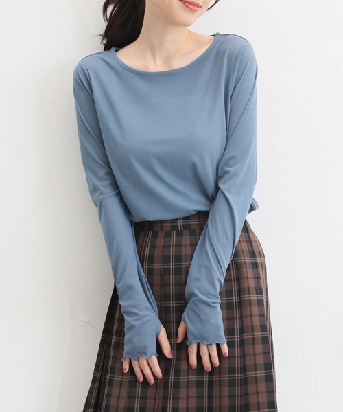 Honeys（ハニーズ）の「サムホール付シアートップス（Tシャツ/カットソー・レディース・アイボリー/ライトグレー/ブラウン/ブルー系その他/ブラック・L/S/M/LL）」の5枚目の写真