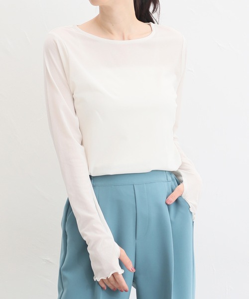 Honeys（ハニーズ）の「サムホール付シアートップス（Tシャツ/カットソー・レディース・アイボリー/ライトグレー/ブラウン/ブルー系その他/ブラック・L/S/M/LL）」の7枚目の写真