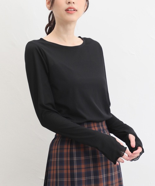 Honeys（ハニーズ）の「サムホール付シアートップス（Tシャツ/カットソー・レディース・アイボリー/ライトグレー/ブラウン/ブルー系その他/ブラック・L/S/M/LL）」の9枚目の写真