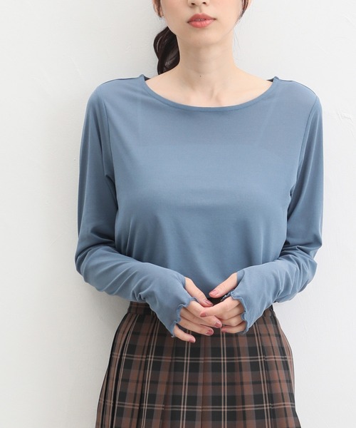 Honeys（ハニーズ）の「サムホール付シアートップス（Tシャツ/カットソー・レディース・アイボリー/ライトグレー/ブラウン/ブルー系その他/ブラック・L/S/M/LL）」の11枚目の写真