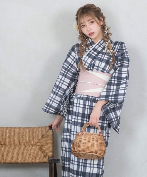 浴衣セット レディース レトロ モノトーンチェック ゆかた3点セット 浴衣 作り帯 下駄 かわいい 