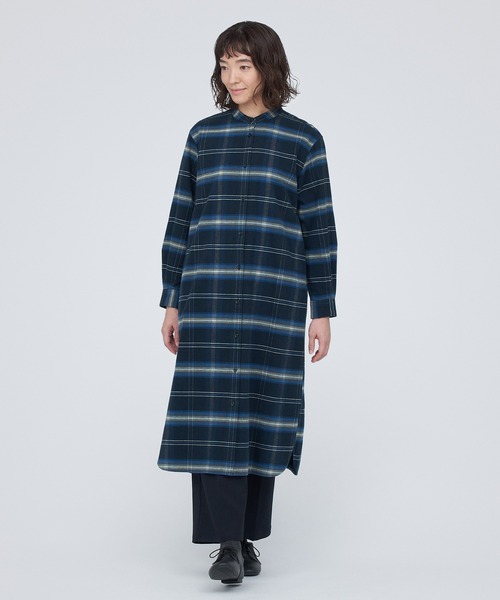 セール】両面起毛フランネルスタンドカラーシャツワンピース