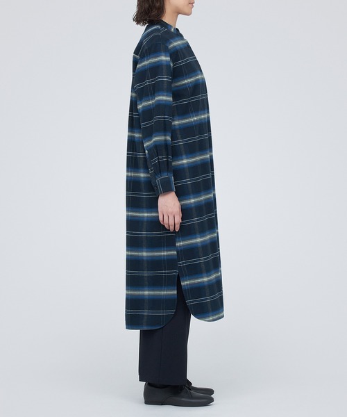 セール】両面起毛フランネルスタンドカラーシャツワンピース