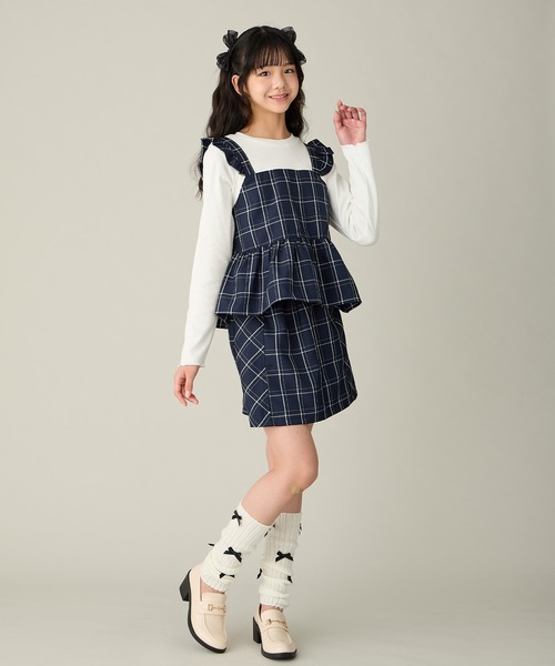 セットアップ可】チェック柄ドッキングペプラムデザイントップス(130cm