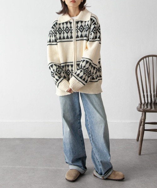 セール】カウチンノルディック柄ニットカーデ（カーディガン