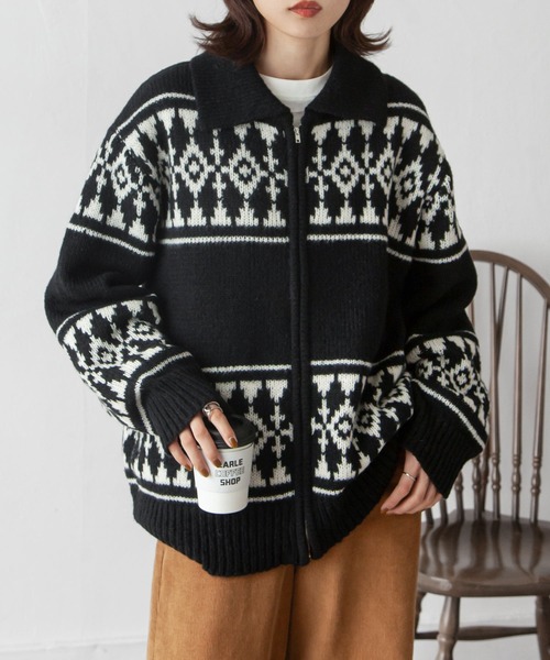 Chillfar(チルファー)の「カウチンノルディック柄ニットカーデ(カーディガン/ボレロ・レディース・アイボリー/ブラック・FREE)」の15枚目の写真