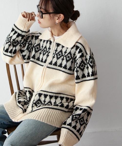 セール】カウチンノルディック柄ニットカーデ（カーディガン/ボレロ
