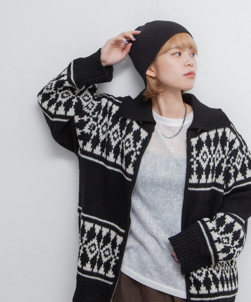 セール】カウチンノルディック柄ニットカーデ（カーディガン/ボレロ