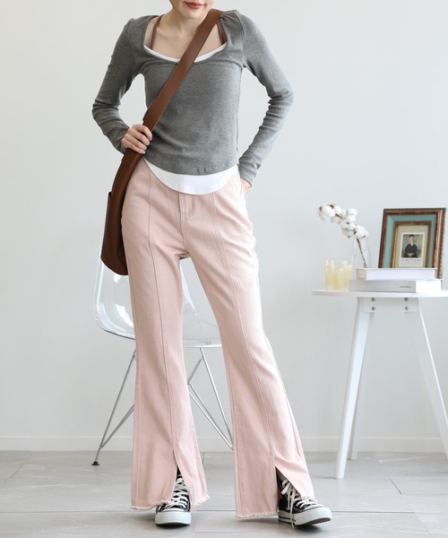 aimoha（アイモハ）の「バックレースアップせみフレアデニムパンツ（デニムパンツ・レディース・ブルー/ピンク/ブラック・MEDIUM/X-LARGE/SMALL/LARGE）」の3枚目の写真