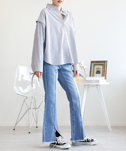 aimoha（アイモハ）の「バックレースアップせみフレアデニムパンツ（デニムパンツ・レディース・ブルー/ピンク/ブラック・MEDIUM/X-LARGE/SMALL/LARGE）」の4枚目の写真