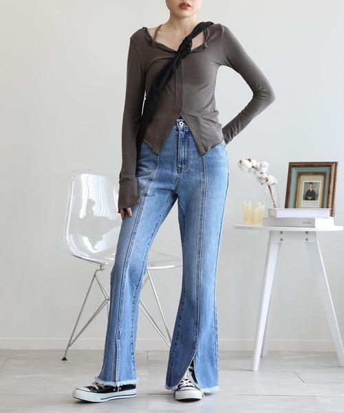 aimoha（アイモハ）の「バックレースアップせみフレアデニムパンツ（デニムパンツ・レディース・ブルー/ピンク/ブラック・MEDIUM/X-LARGE/SMALL/LARGE）」の8枚目の写真