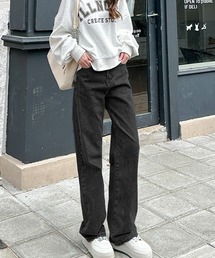 【アンクル丈/レギュラー丈/ロング丈】 ストレートデニムパンツ ウエスト調整ボタン付き デニム パンツ ストレートパンツ セミワイド デニムパンツ