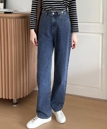 【アンクル丈/レギュラー丈/ロング丈】 ストレートデニムパンツ ウエスト調整ボタン付き デニム パンツ ストレートパンツ セミワイド デニムパンツ
