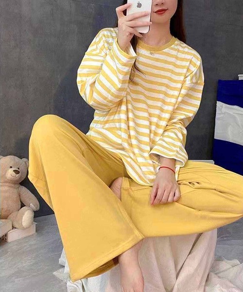 NANEA（ナネア）の「セットアップルームウェア　カップ付きロングTシャツ/パンツ（ルームウェア/パジャマ・レディース・イエロー/グレー/ブラック/グリーン・X-LARGE/LARGE/MEDIUM）」の4枚目の写真