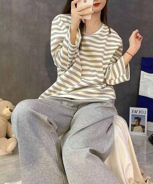 NANEA（ナネア）の「セットアップルームウェア　カップ付きロングTシャツ/パンツ（ルームウェア/パジャマ・レディース・イエロー/グレー/ブラック/グリーン・X-LARGE/LARGE/MEDIUM）」の6枚目の写真