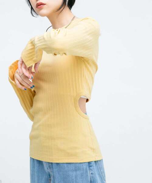 KBF（ケイビーエフ）の「カットアウトリブカットソー（Tシャツ/カットソー・レディース・グレー/イエロー・ONE）」の6枚目の写真