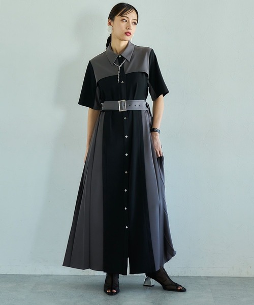 HARE（ハレ）の「アソートプリーツワンピース(HARE)（ワンピース・レディース・グレイッシュベージュ/ブルー/ブラック×グレー/ストライプ/ネイビー・FREE）」の8枚目の写真