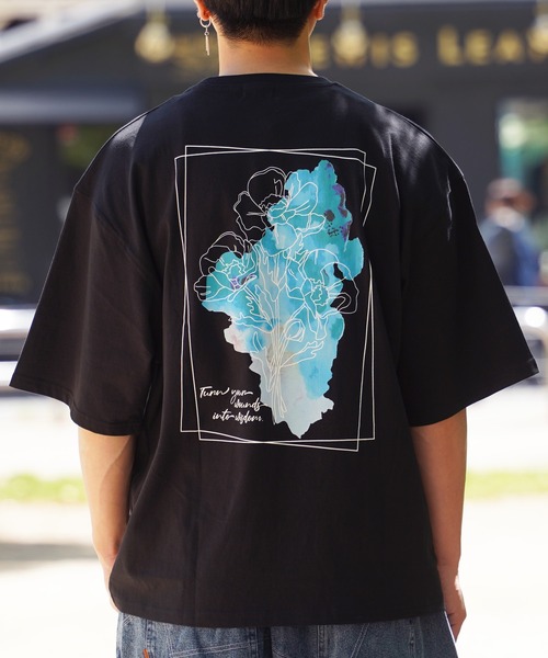 セール】【unisex】水彩画風 フラワー バックプリントTシャツ