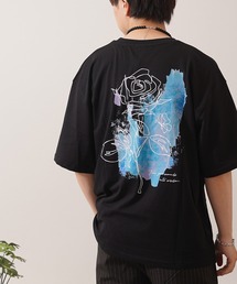 【unisex】水彩画風 フラワー バックプリントTシャツ / ロゴ刺繍 花柄 オーバーサイズ Tシャツ メンズ レディース
