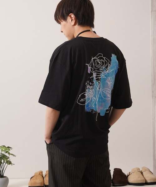unisex】水彩画風 フラワー バックプリントTシャツ / ロゴ刺繍