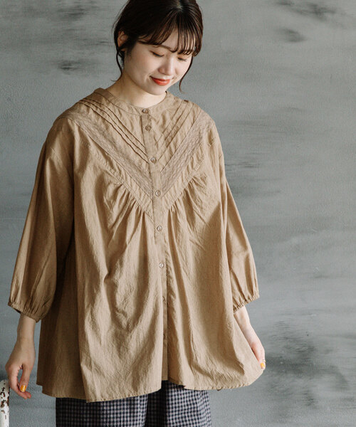 【セール】＜made in INDIA＞ピンタックレースブラウス（シャツ/ブラウス）｜POU DOU DOU（プードゥドゥ）