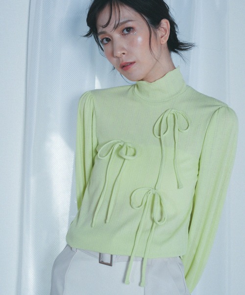 Nora Lily elle（ノラリリーエル）の「【Nora Lily】「elle」Ribbon Rib Top（Tシャツ/カットソー・レディース・ホワイト/ライム・FREE）」の10枚目の写真