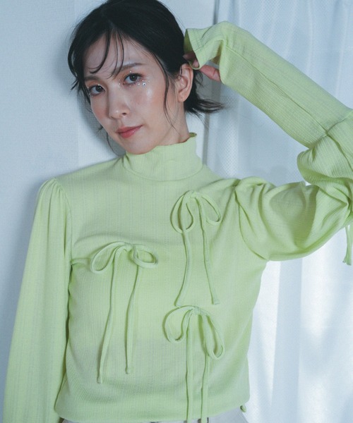 Nora Lily elle（ノラリリーエル）の「【Nora Lily】「elle」Ribbon Rib Top（Tシャツ/カットソー・レディース・ホワイト/ライム・FREE）」の9枚目の写真