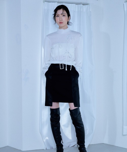 Nora Lily elle（ノラリリーエル）の「【Nora Lily】「elle」Ribbon Rib Top（Tシャツ/カットソー・レディース・ホワイト/ライム・FREE）」の4枚目の写真
