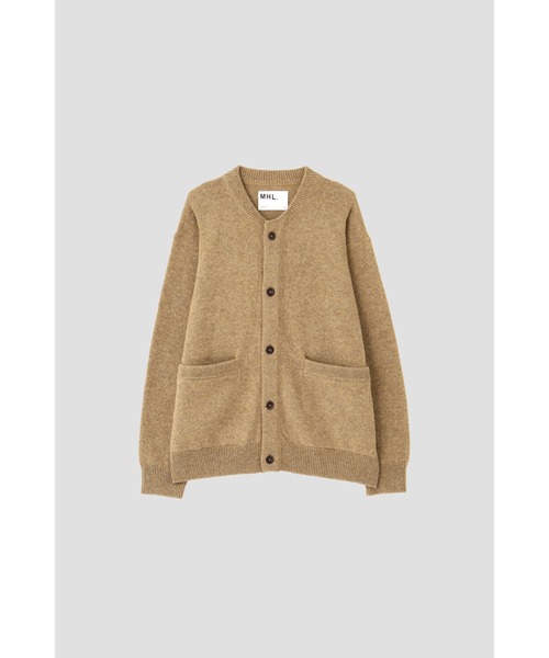 【美品】エムエイチエル・MHL.長袖カーディガン・セーター・麻・リネン混・L MHL. エムエイチエル ニットカーディガン クルーネック 鶯色