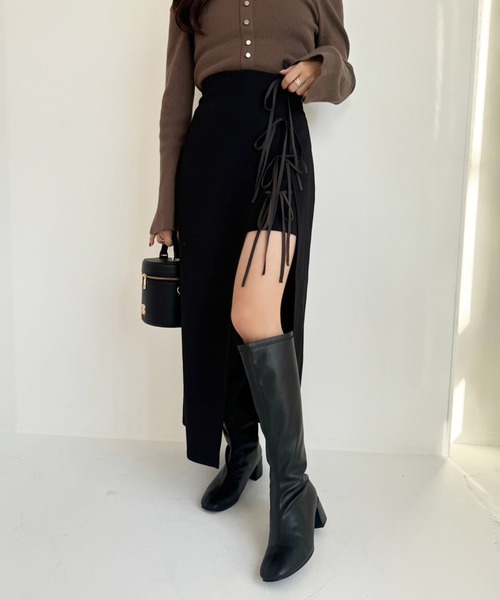 one after another NICE CLAUP（ワンアフターアナザーナイスクラップ）の「リボンレイヤードロングスカート（スカート・レディース・ブラック/アイボリー/レオパード・FREE）」の3枚目の写真