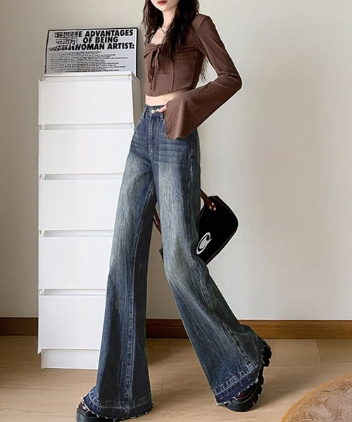 DAY CLOSET(デイ クローゼット)の「【大きいサイズ有】 裾に広がる美シルエット。ヴィンテージライク カットオフ フレア デニム パンツ ジーンズ レディース(デニムパンツ・レディース・インディゴブルー/ブラック/ブルー・L/M/2XL/XL/S/XS)」の20枚目の写真