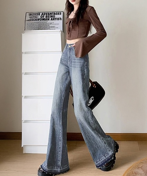 DAY CLOSET(デイ クローゼット)の「【大きいサイズ有】 裾に広がる美シルエット。ヴィンテージライク カットオフ フレア デニム パンツ ジーンズ レディース(デニムパンツ・レディース・インディゴブルー/ブラック/ブルー・L/M/2XL/XL/S/XS)」の9枚目の写真