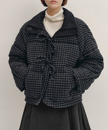 スタンドカラー チェック柄リボン 中綿ジャケット FD24M024